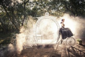 woman in gown sitting on carriage in forest